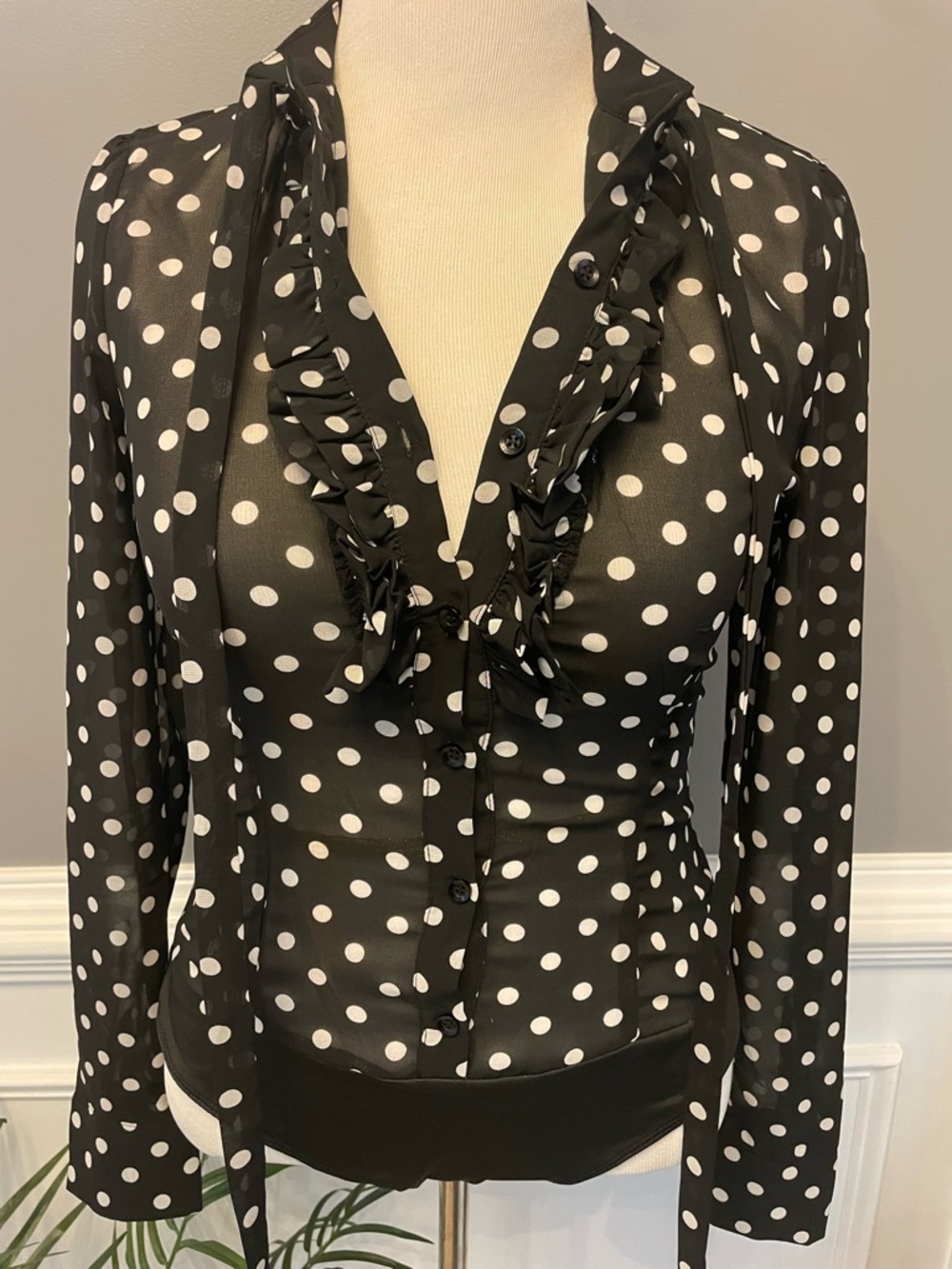 Fashion Nova Black and White Polka Dot Ruffle Tie-Neck Blouse - Picture 10 of 13